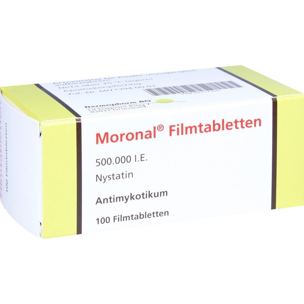 Eine Packung Moronal® Filmtabletten mit 100 Tabletten gegen Pilzinfektionen.