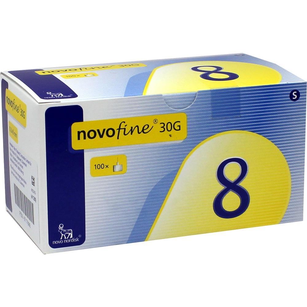 Eine gelb-blaue Box mit der Aufschrift "novofine 30G" und einer gro&szlig;en Zahl 8.