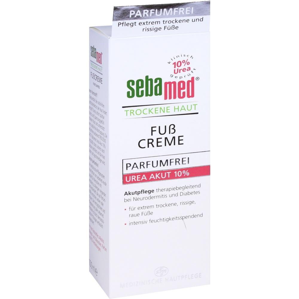 Wei&szlig;e Verpackung von parf&uuml;mfreier Fu&szlig;creme gegen trockene und rissige Haut.