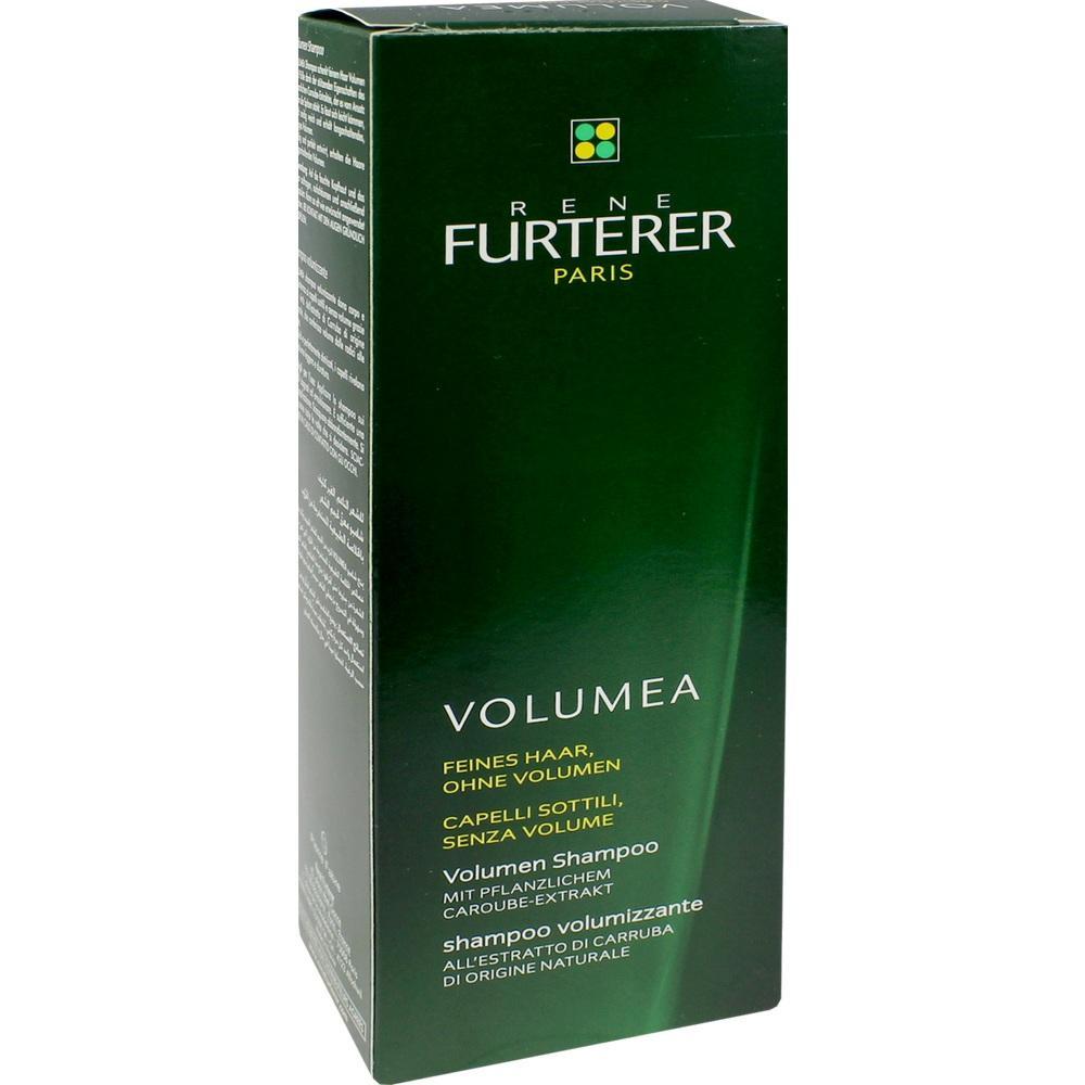 Eine grüne Shampoo-Verpackung mit der Aufschrift "Volumea" für feines Haar.