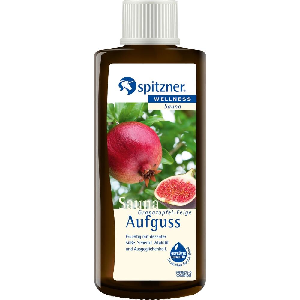 Braune Flasche mit Sauna-Aufguss, Granatapfel-Feige, abgebildet.