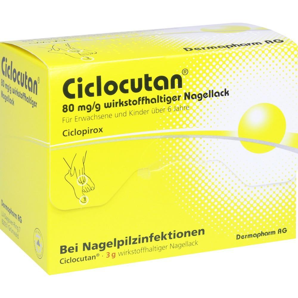 Gelbe Packung des Nagellacks Ciclocutan gegen Nagelpilz.