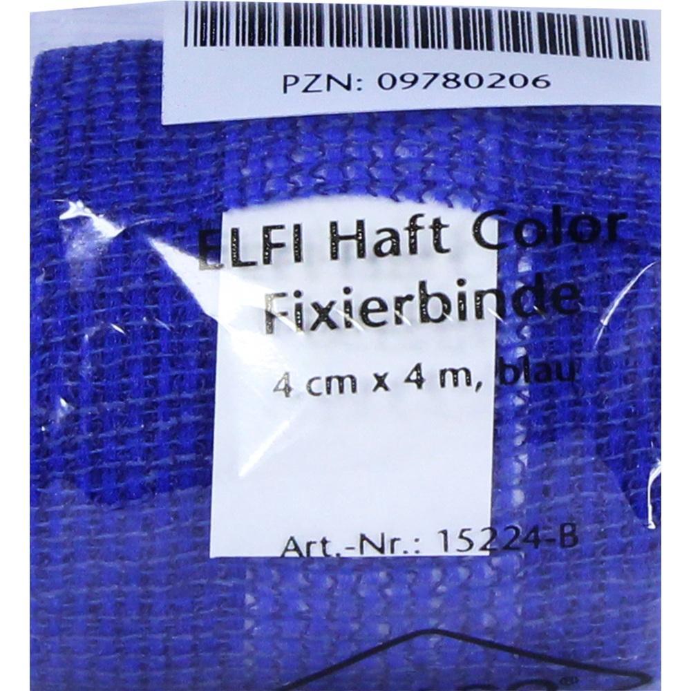 Blaue Fixierbinde mit der Aufschrift "ELFI Haft Color", 4 cm breit und 4 m lang.