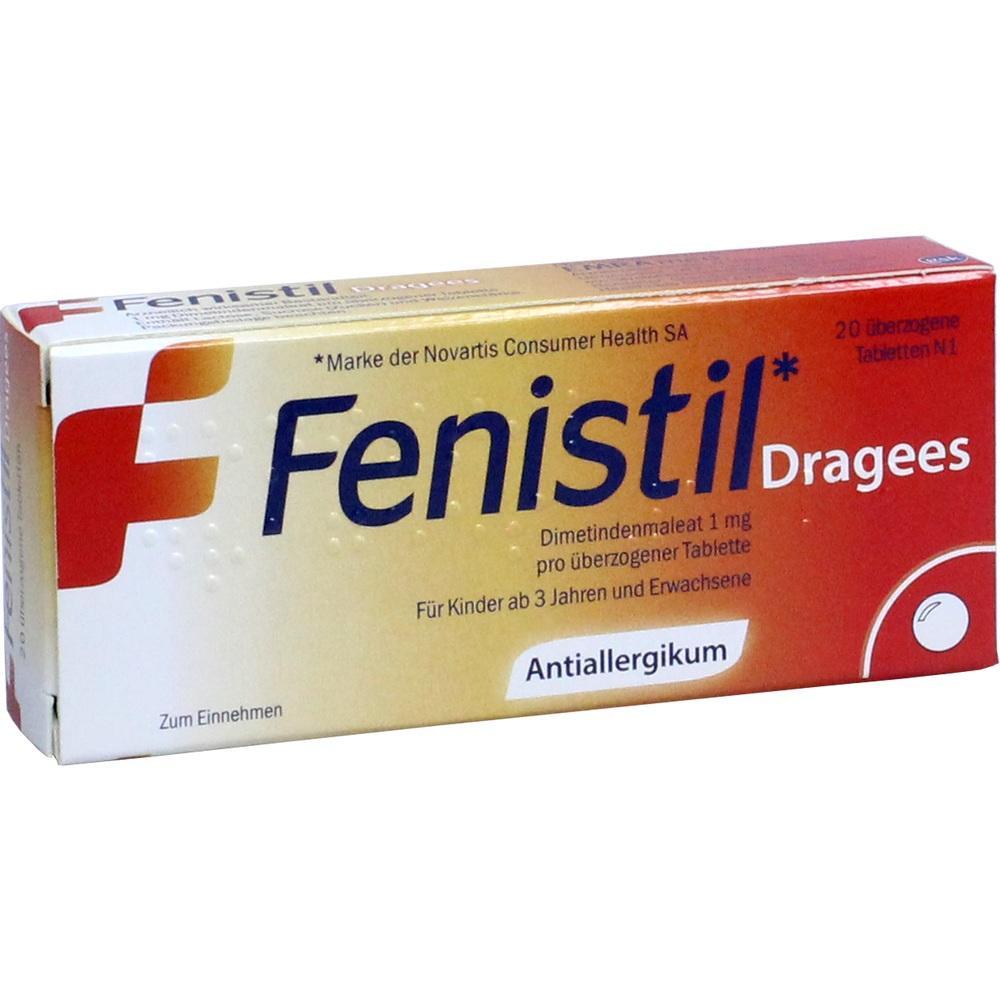 Packung Fenistil Dragées gegen Allergien, geeignet für Kinder ab 3 Jahren und Erwachsene.
