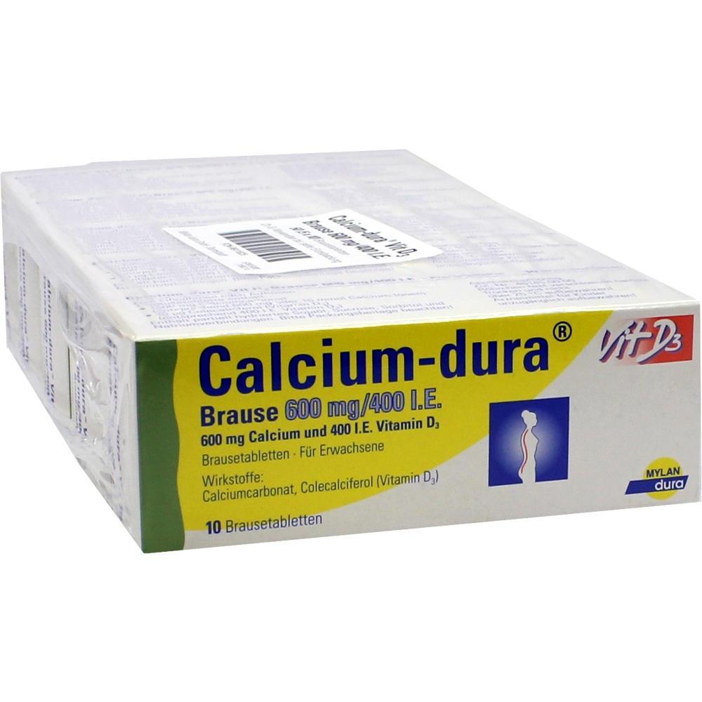 Eine Packung Brausetabletten namens "Calcium-dura" mit Vitamin D3.