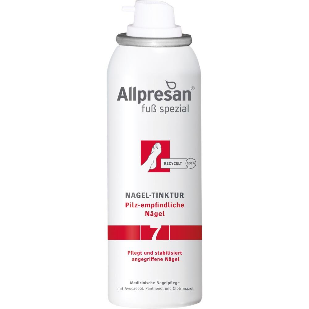 Wei&szlig;e Spr&uuml;hdose mit rotem Etikett f&uuml;r Nagel-Tinktur gegen Pilzbefall.