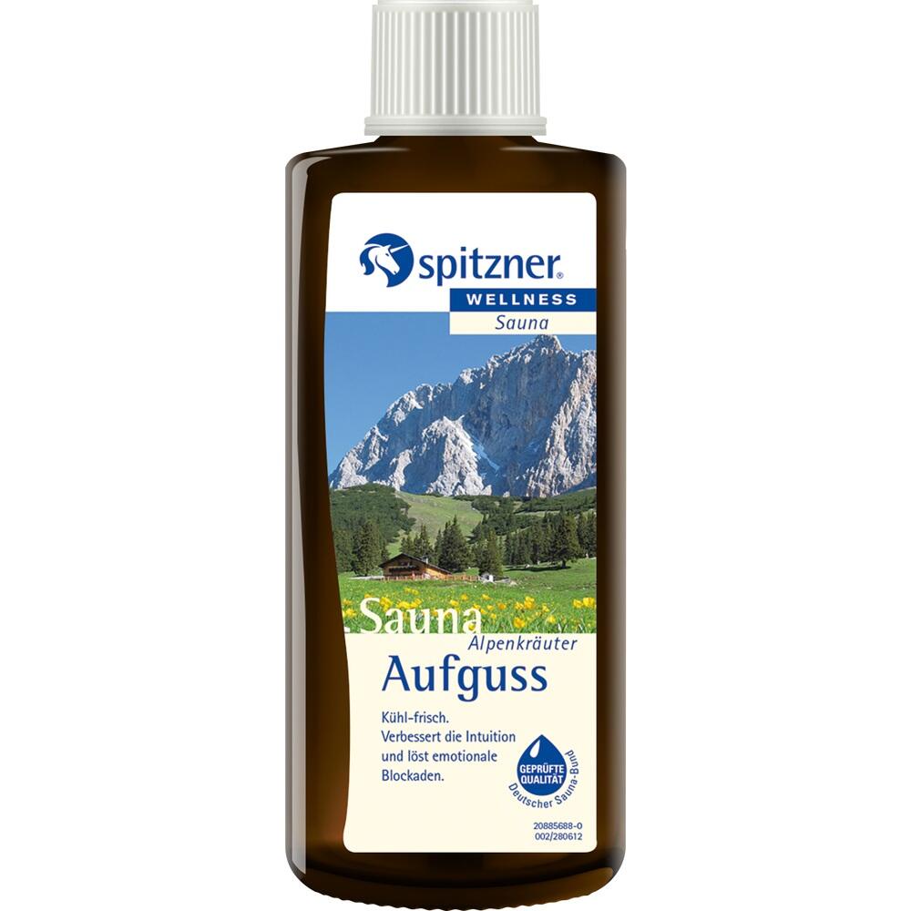 Braune Flasche mit Etikett, zeigt Berge und die Aufschrift "Sauna Alpenkr&auml;uter Aufguss".