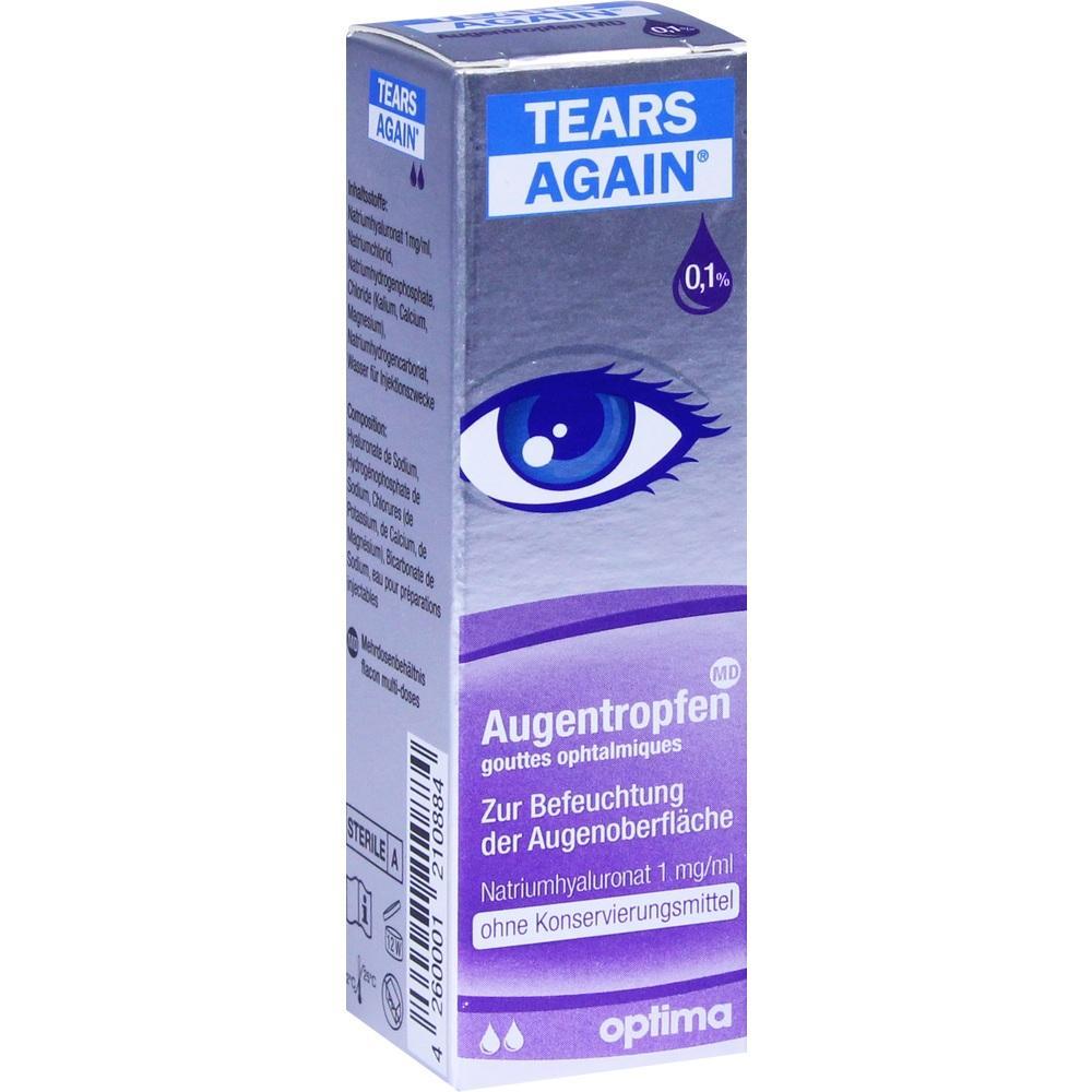 Blaue und lila Verpackung von Augentropfen namens "Tears Again".