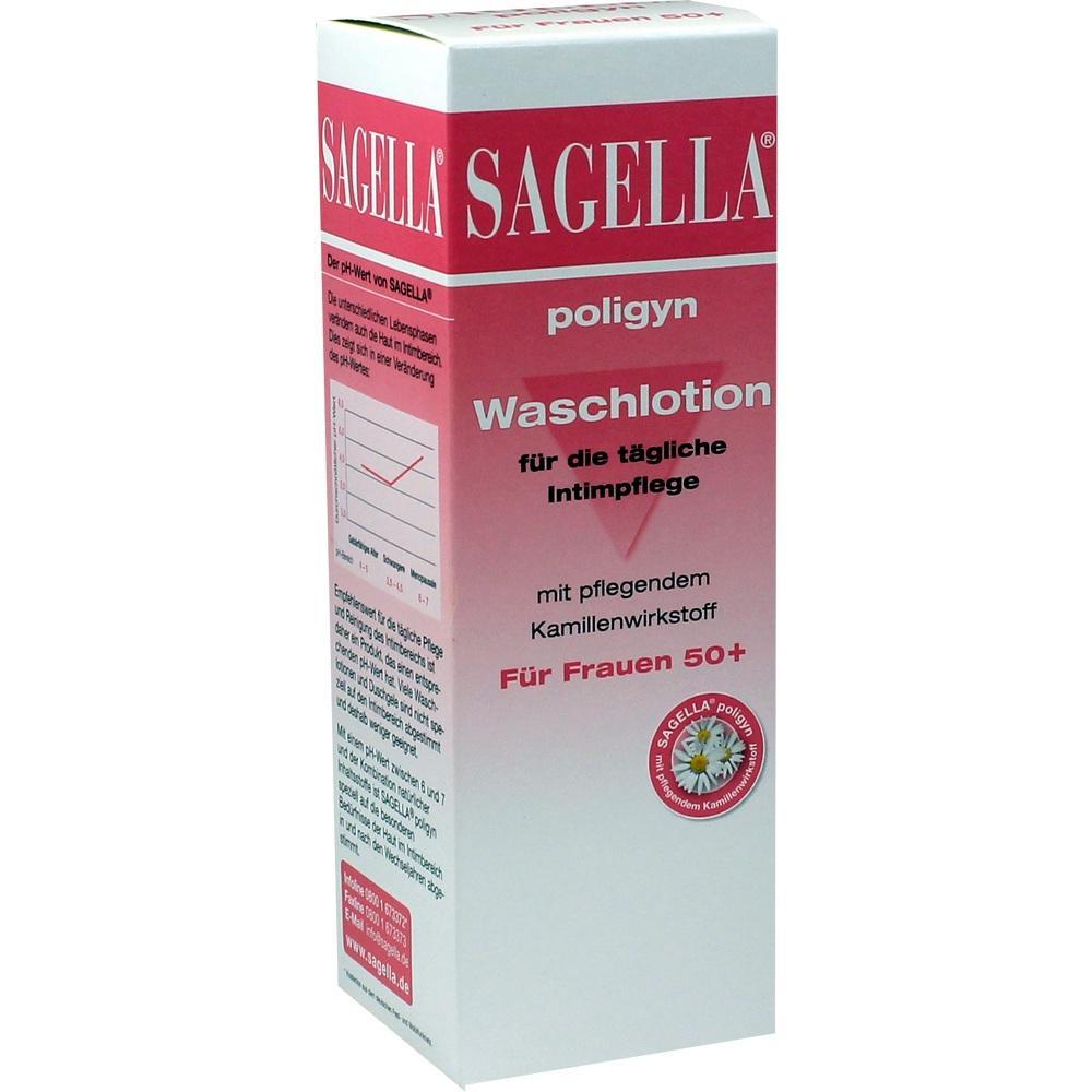 Weiße Packung mit Aufschrift "Sagella Waschlotion für Frauen 50+".