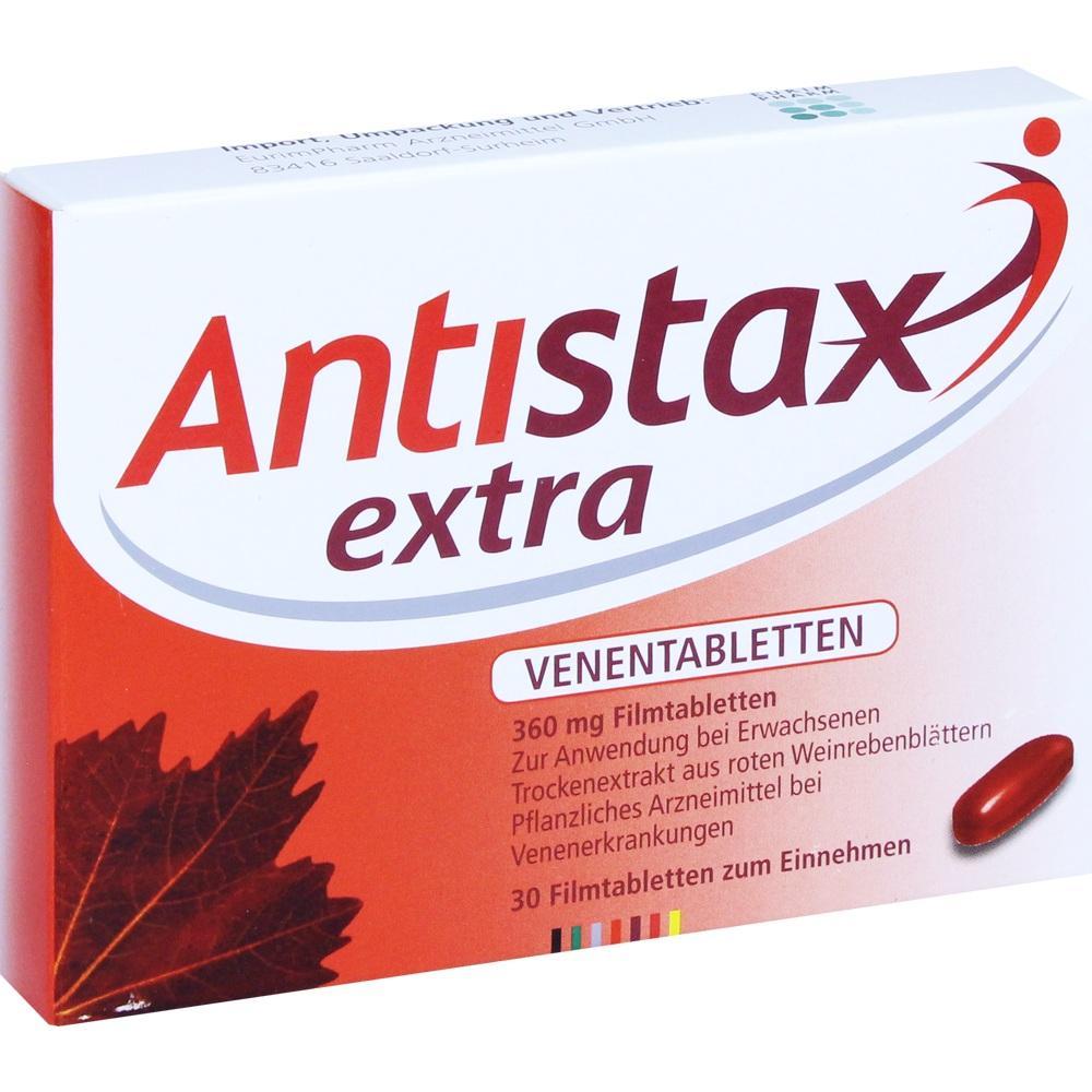 Eine Packung Antistax extra Venen-Tabletten aus roten Weinrebenbl&auml;ttern.