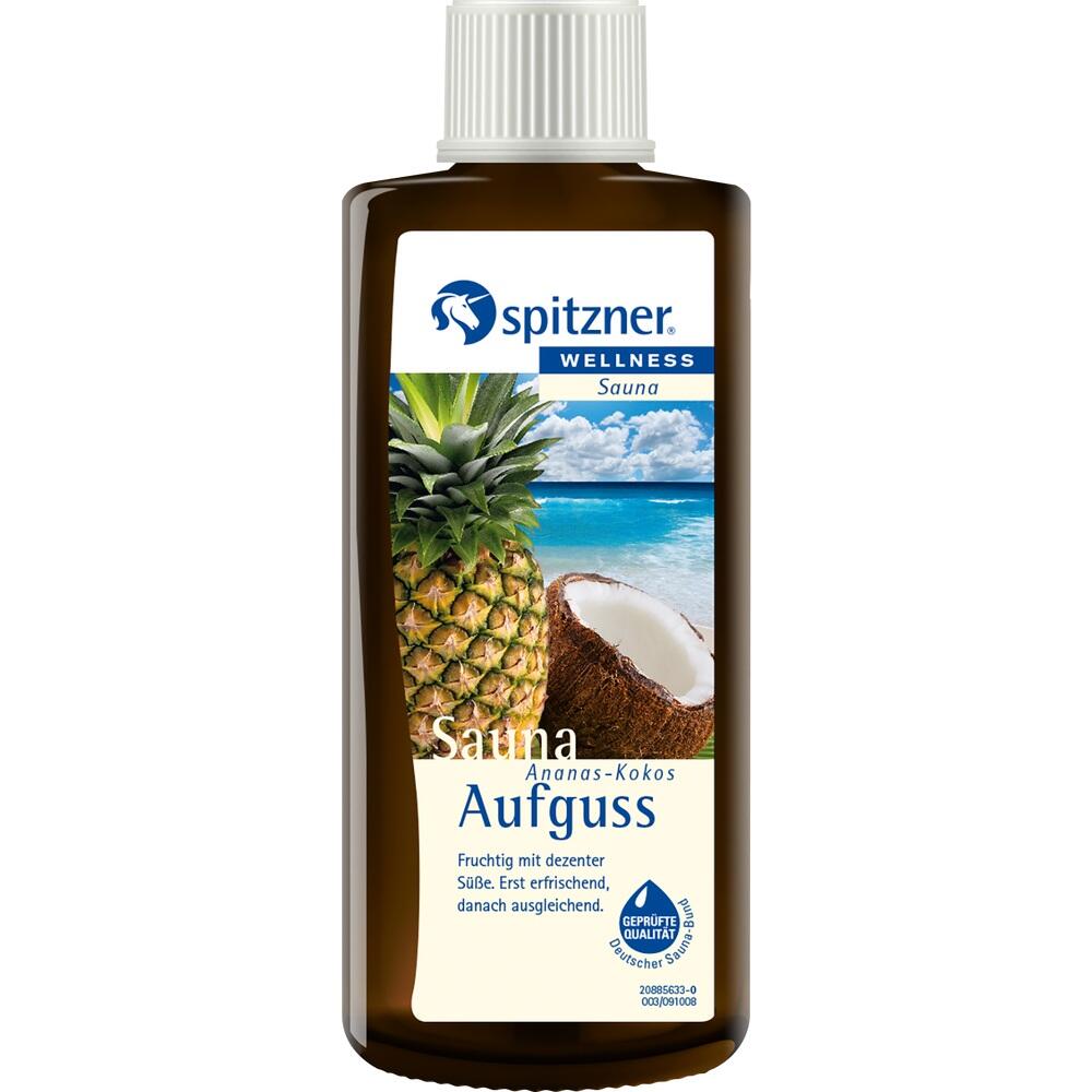 Braune Flasche mit Sauna-Aufguss, Ananas-Kokos-Geschmack.