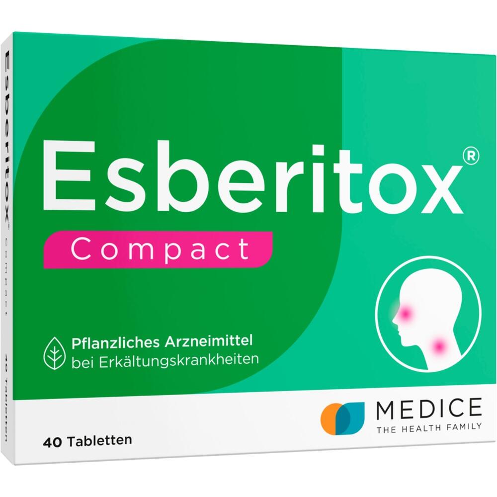 Grüne Packung mit der Aufschrift "Esberitox Compact" und Symbol für pflanzliches Erkältungsmittel.