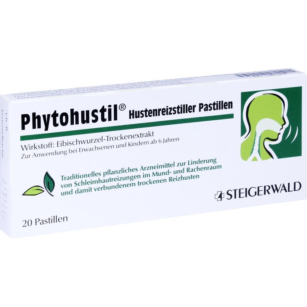 Packung Phytohustil Pastillen gegen Reizhusten mit 20 Stück für Erwachsene und Kinder ab 6 Jahren.