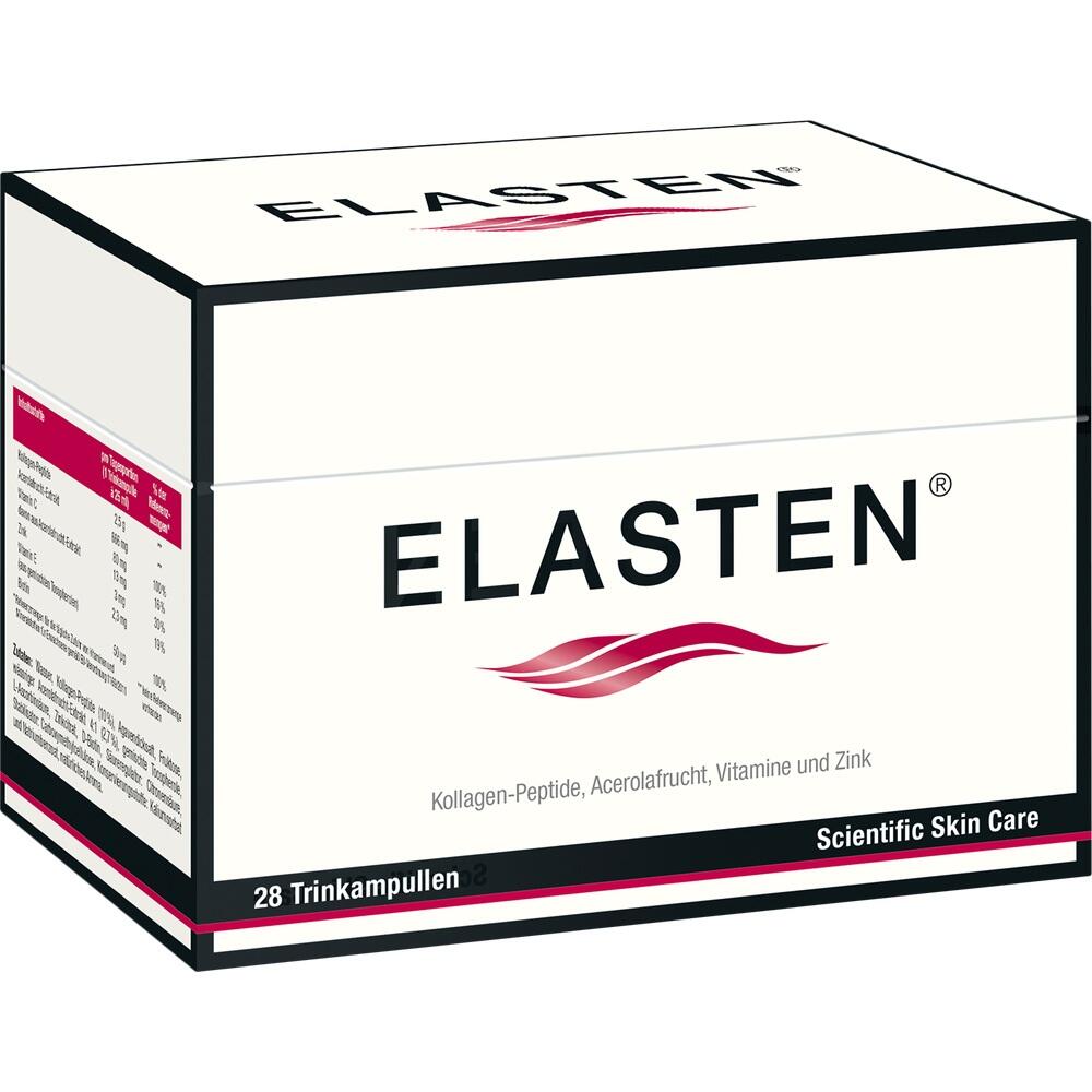 Eine wei&szlig;e Schachtel mit der Aufschrift "ELASTEN" enth&auml;lt 28 Trinkampullen.