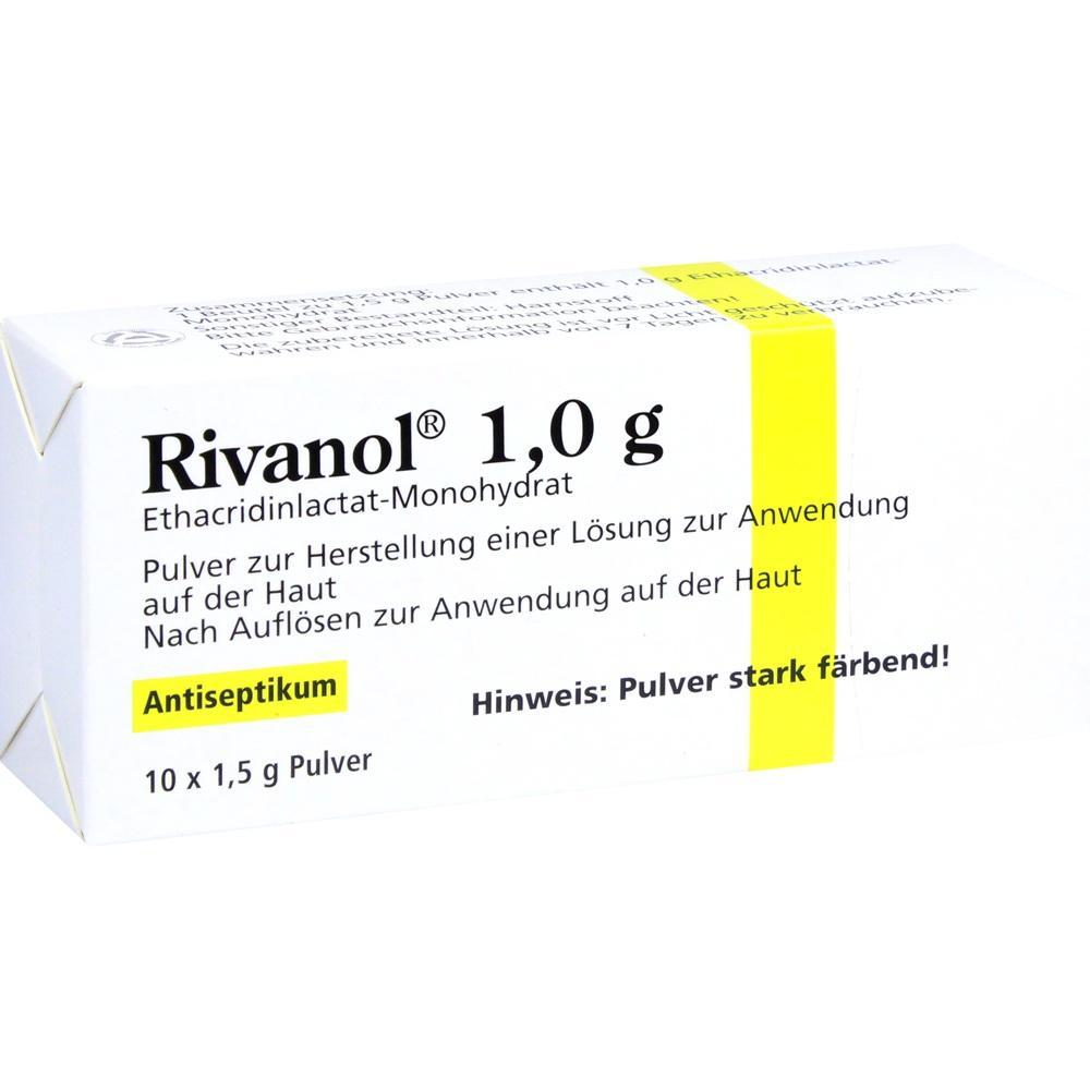 Eine Packung Rivanol-Pulver zur Hautanwendung als Antiseptikum.