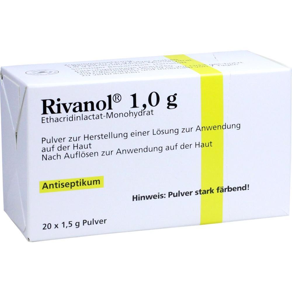 Weiße Packung mit Rivanol-Pulver zur Hautdesinfektion.