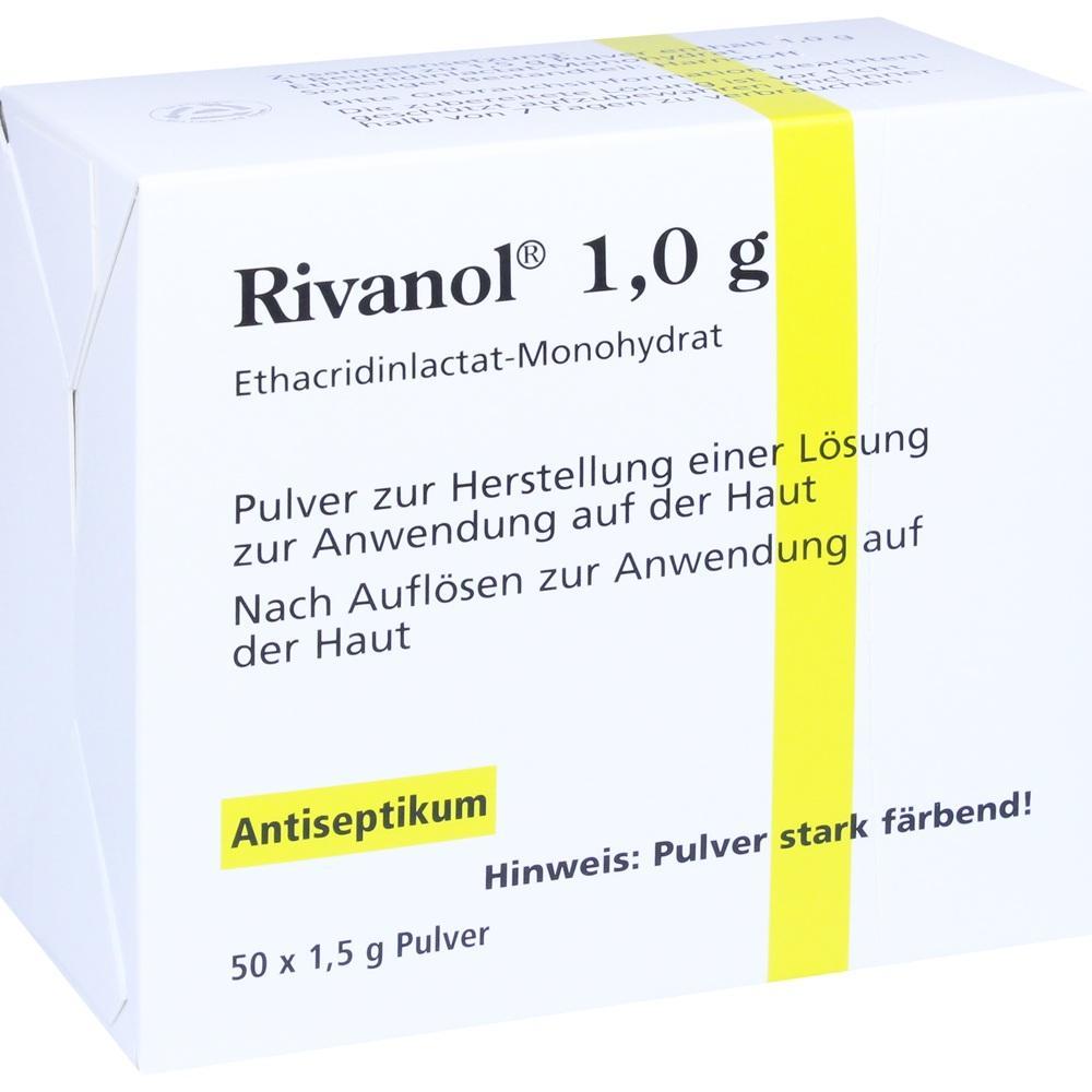 Eine Packung Rivanol-Pulver zur Hautanwendung, mit einem gelben Streifen.