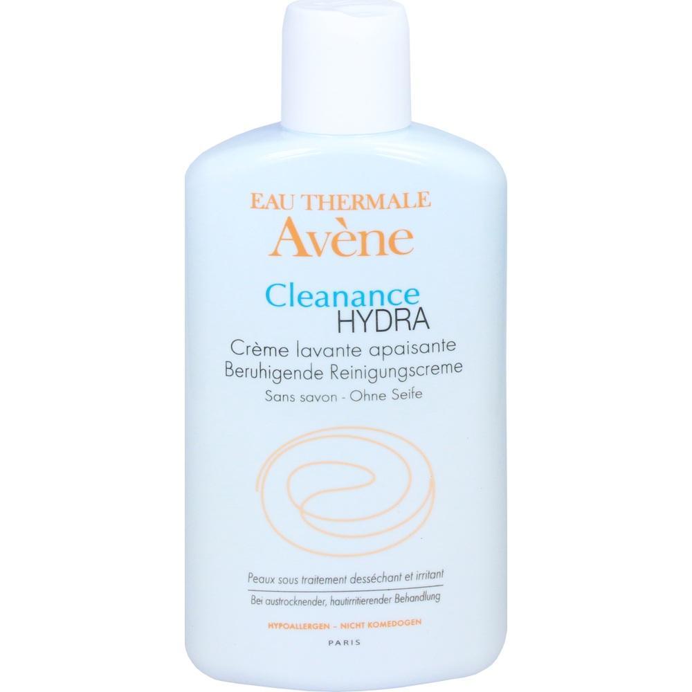 Weiße Flasche mit einem Produkt namens Avène Cleanance Hydra, eine beruhigende Reinigungscreme.