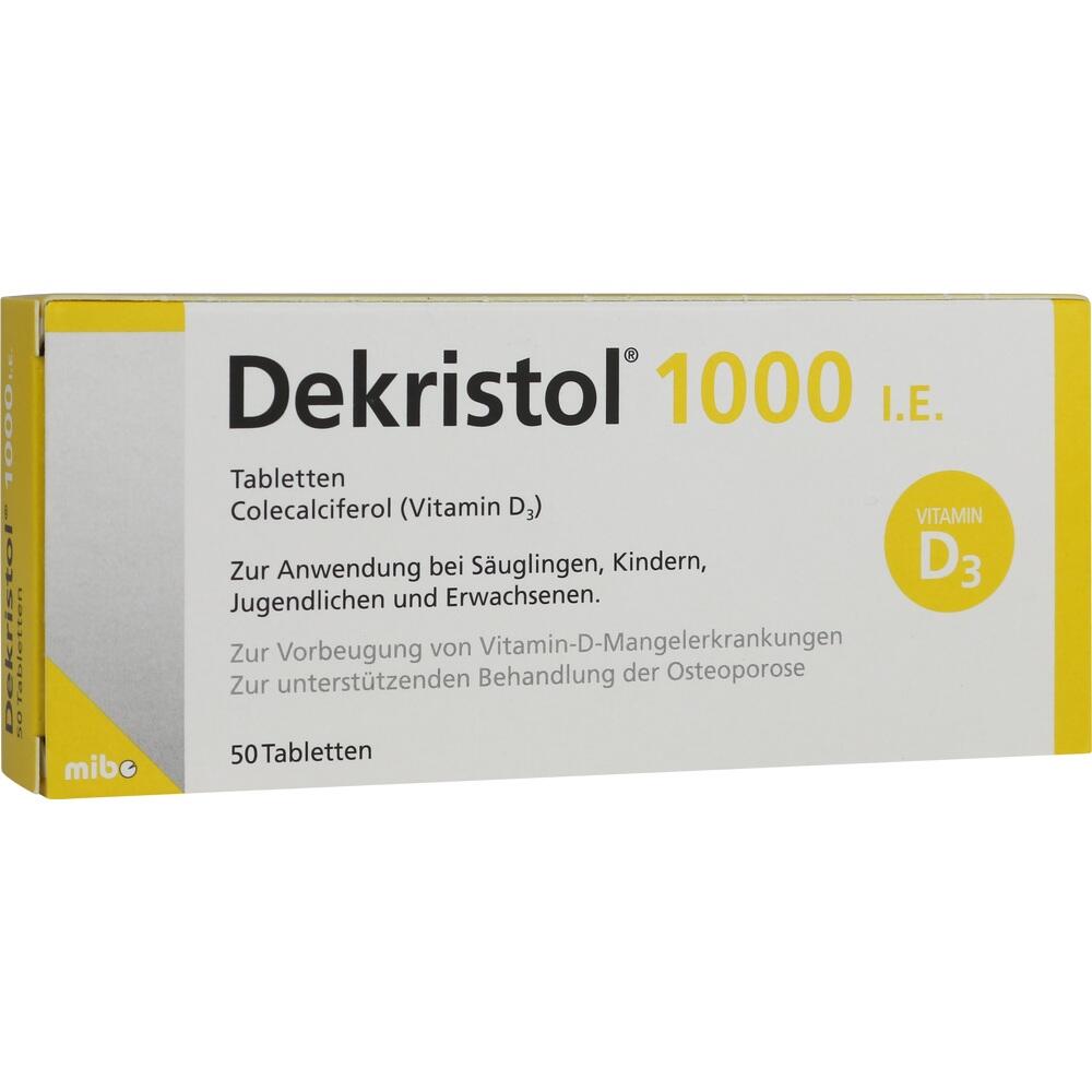 Eine Packung Dekristol-Tabletten mit Vitamin D3 zur Unterst&uuml;tzung der Knochengesundheit.