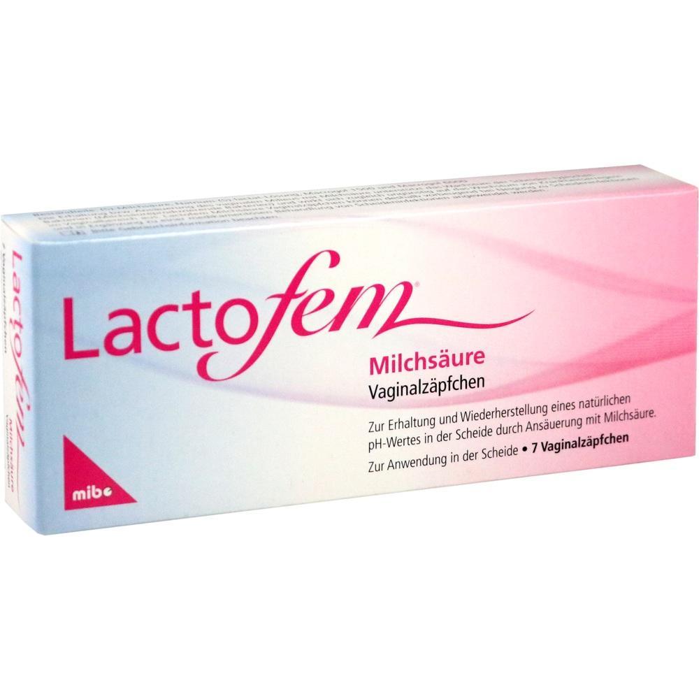 Verpackung von Lactofem Milchs&auml;ure Vaginalz&auml;pfchen in Rosa und Wei&szlig;.