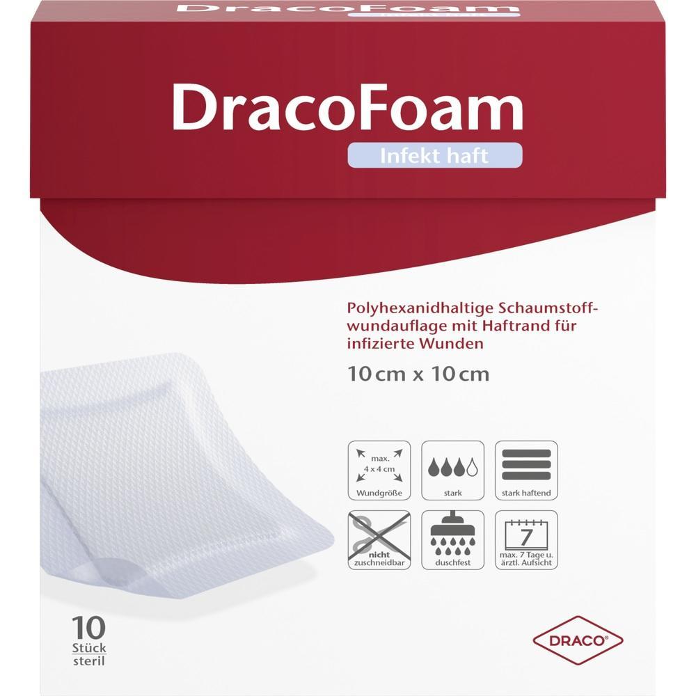 Verpackung von DracoFoam Schaumstoff-Wundauflagen f&uuml;r infizierte Wunden, Gr&ouml;&szlig;e 10 cm x 10 cm.
