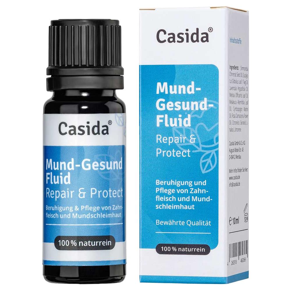 Flasche und Verpackung mit Mund-Gesund-Fluid von Casida, 100% naturrein.