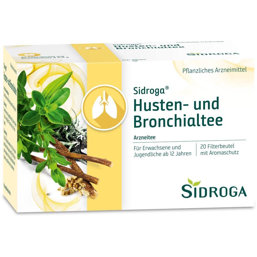 Verpackung von Sidroga Husten- und Bronchialtee mit Kräutern auf der Vorderseite.