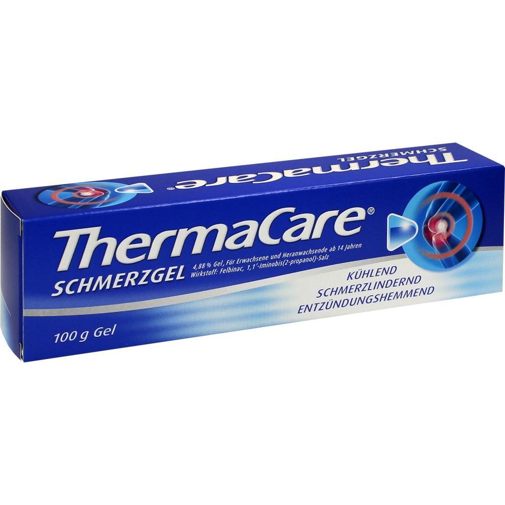 Blaue Schachtel mit ThermaCare Schmerzgel f&uuml;r schmerzlindernde Anwendung.