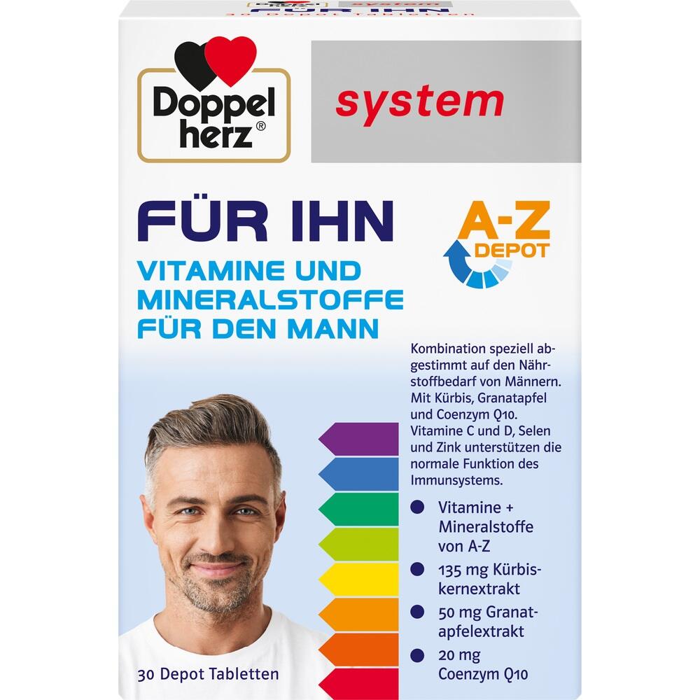 Verpackung von Doppelherz Vitaminen für Männer mit einem lächelnden Mann auf der Vorderseite.