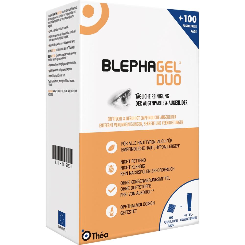 Wei&szlig;e und orange Verpackung von Blephagel Duo f&uuml;r die Augenreinigung.