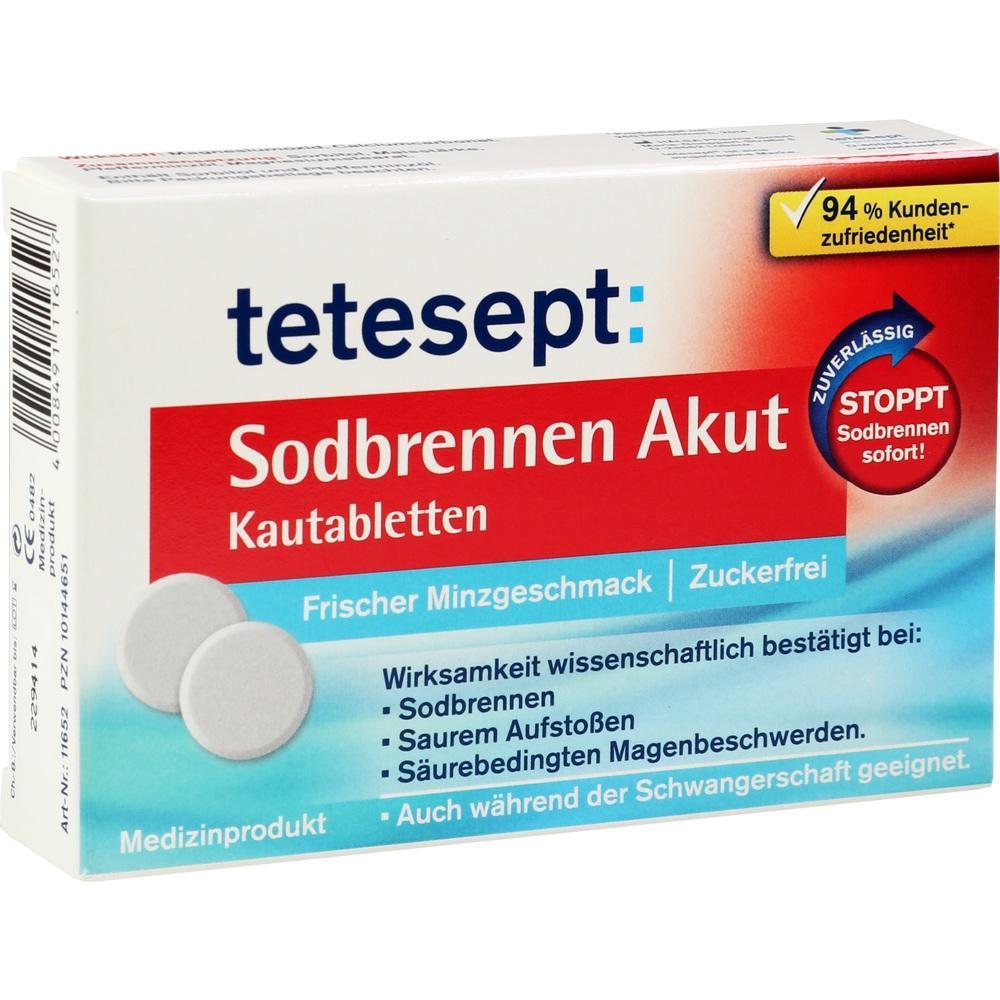 Wei&szlig;e Packung mit roten und blauen Elementen f&uuml;r Sodbrennen-Kautabletten.