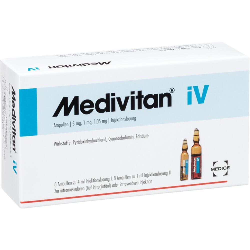 Eine wei&szlig;e Schachtel mit der Aufschrift "Medivitan iV" und zwei kleinen Ampullen abgebildet.