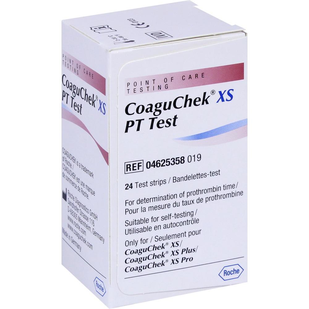 Eine Verpackung eines CoaguChek XS PT Teststreifens f&uuml;r Bluttests.