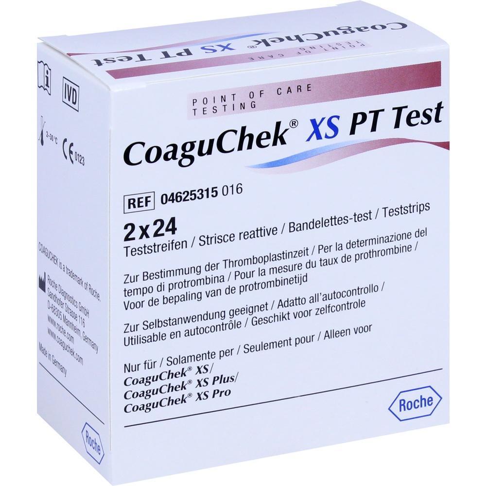 Wei&szlig;e Schachtel mit der Aufschrift "CoaguChek XS PT Test".