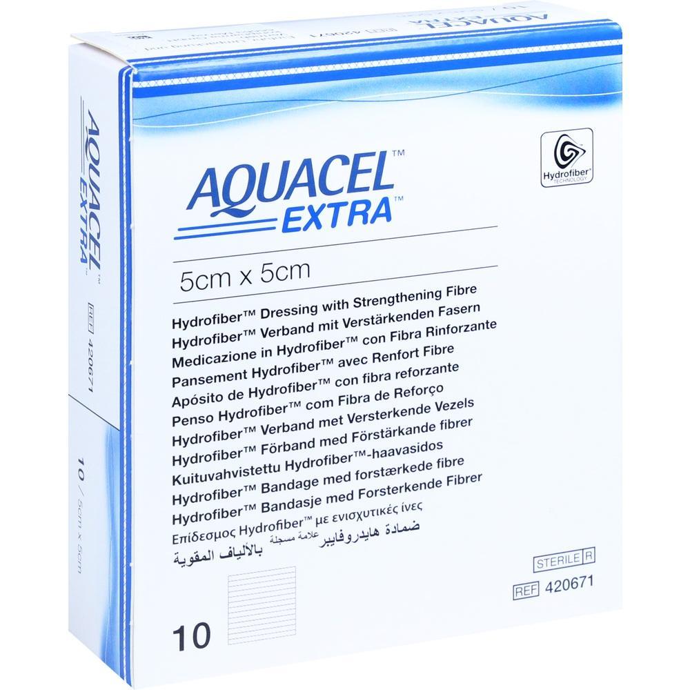 Eine Packung Aquacel Extra Wundverband 5x5 cm mit Hydrofasern.