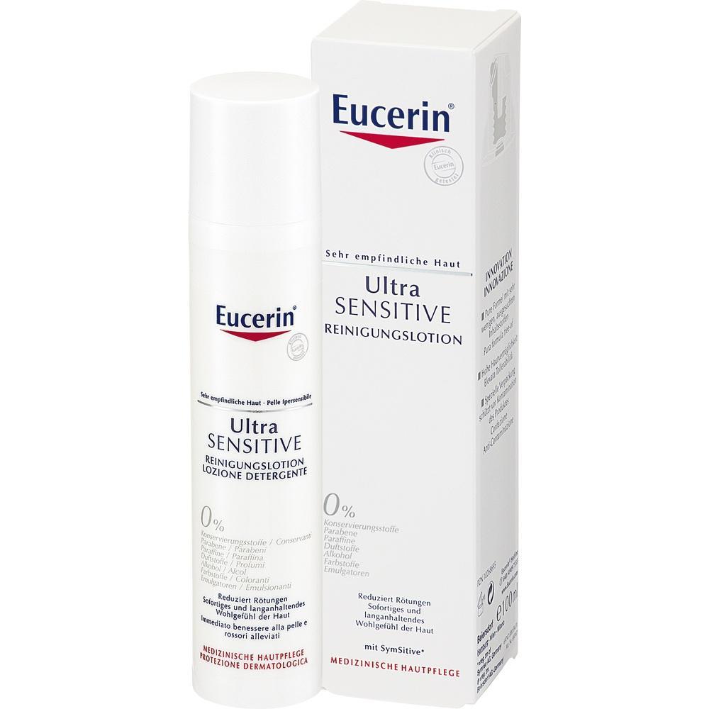Eine Flasche Eucerin Ultra Sensitive Reinigungs-Lotion steht vor ihrer Verpackung.