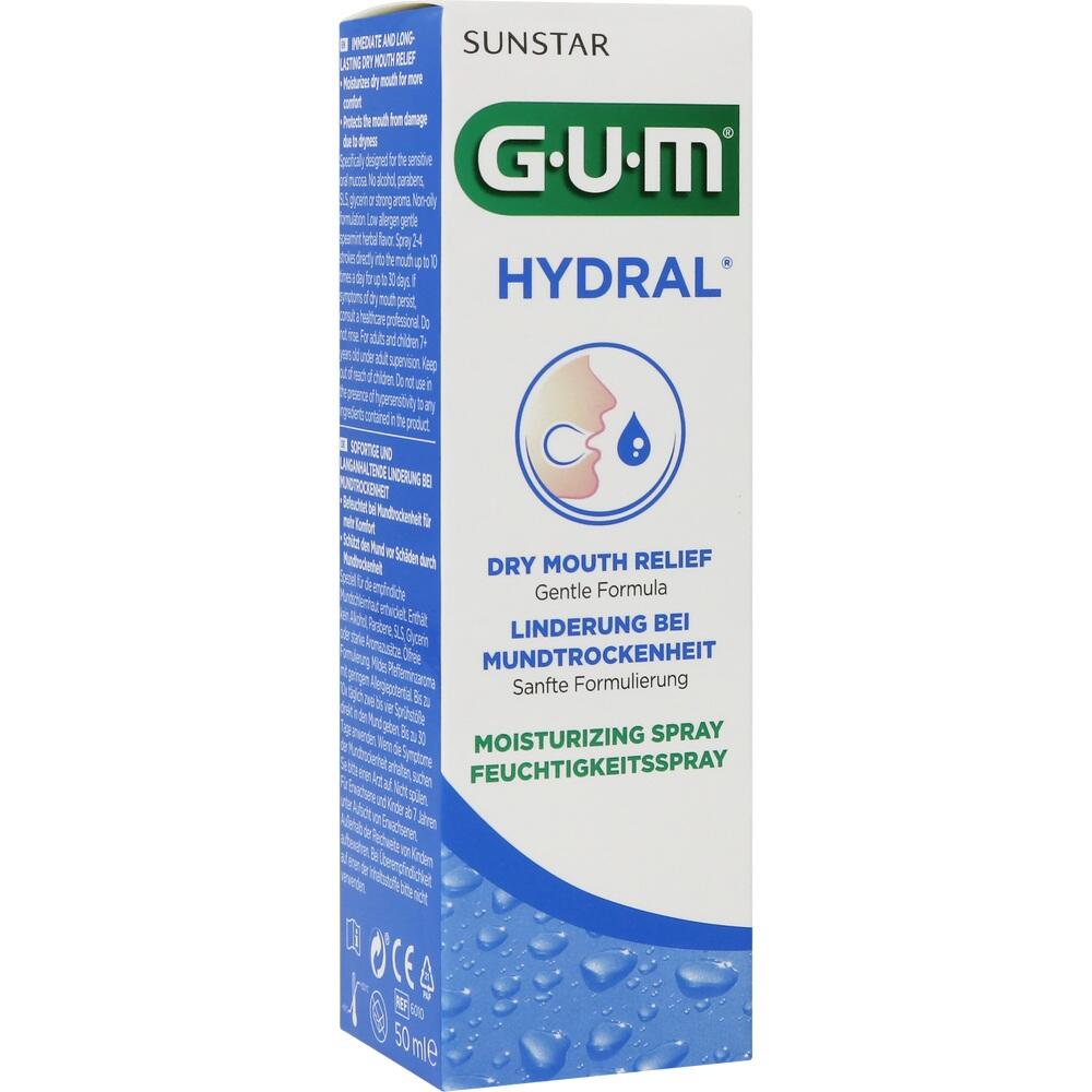 Eine Packung Mundspray mit dem Namen "GUM Hydral" f&uuml;r trockenen Mund.