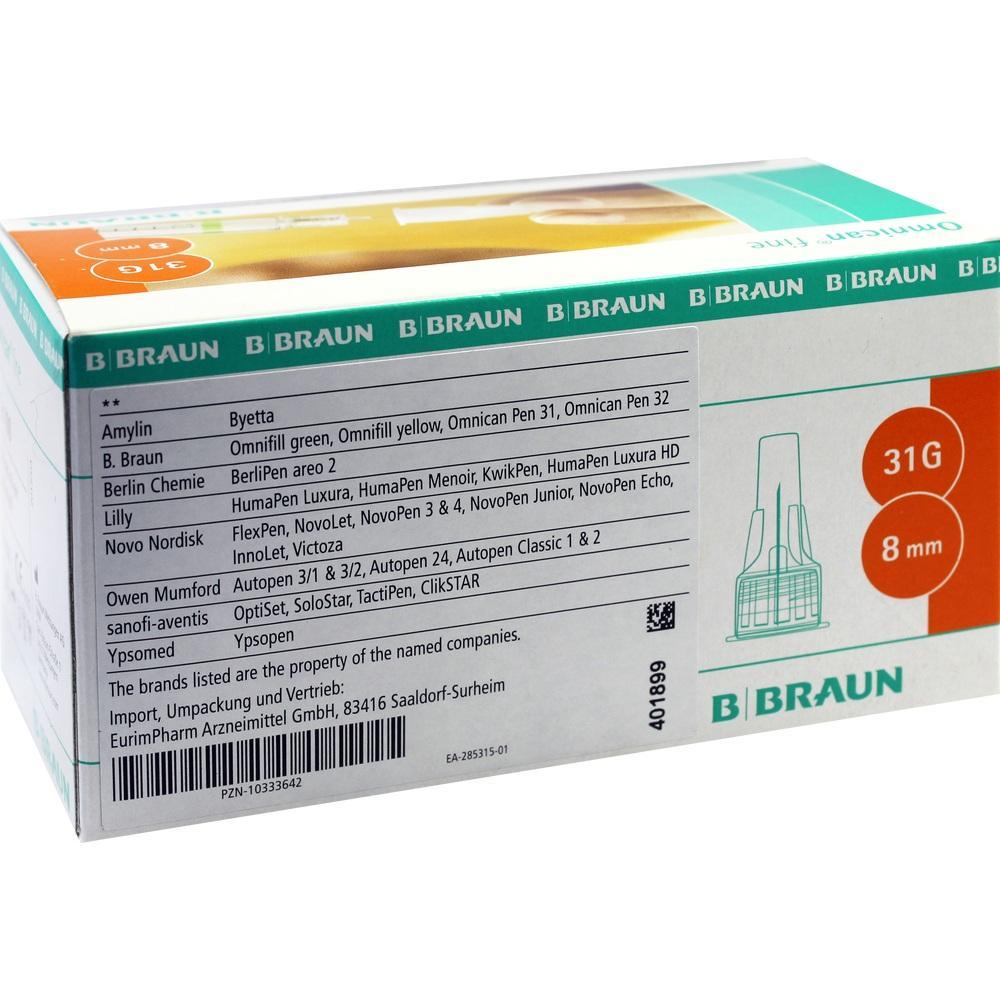 Eine Schachtel von B. Braun mit Nadeln f&uuml;r Insulinpens, Gr&ouml;&szlig;e 31G, 8 mm.