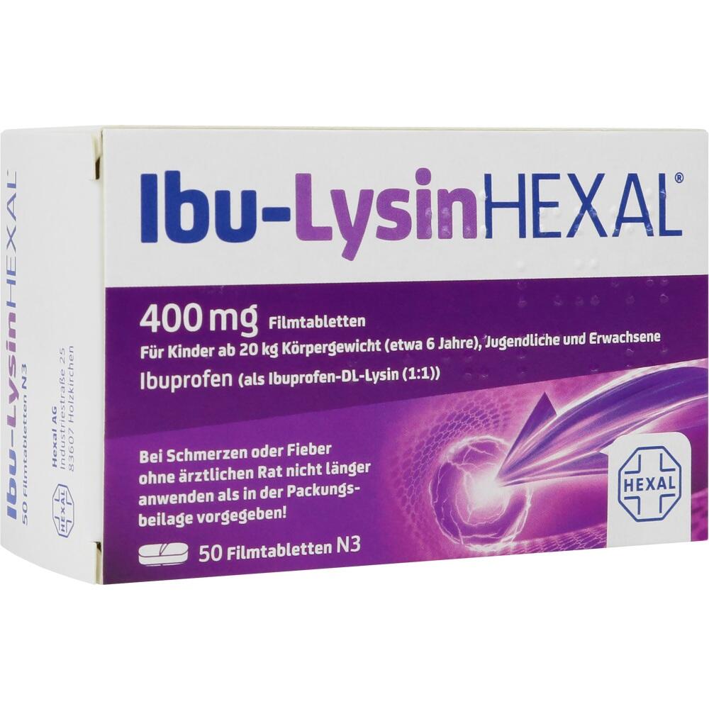 Eine Medikamentenschachtel mit der Aufschrift "Ibu-Lysin HEXAL 400 mg Filmtabletten".