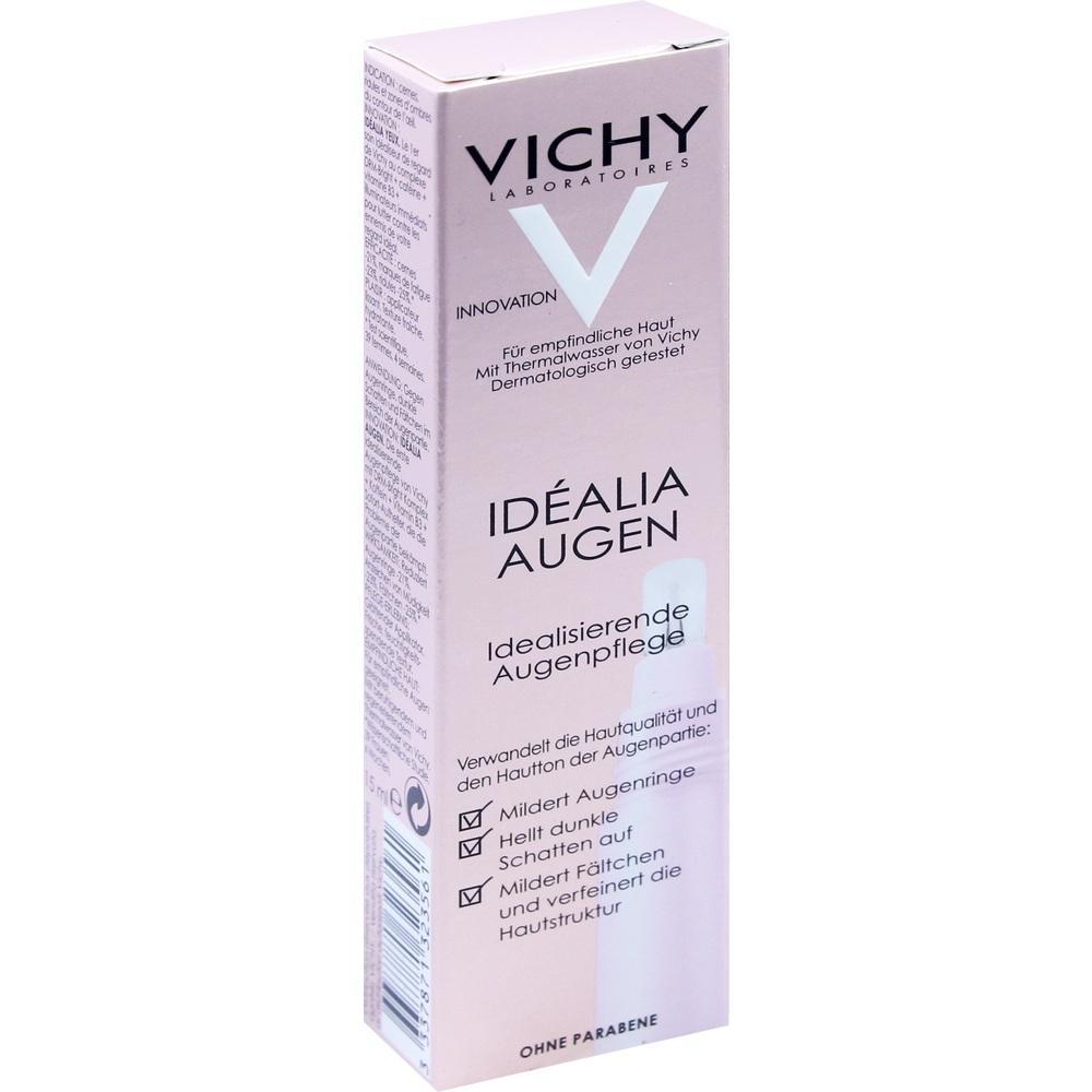 Eine rosa Verpackung für eine Augenpflegecreme von Vichy liegt aufrecht.