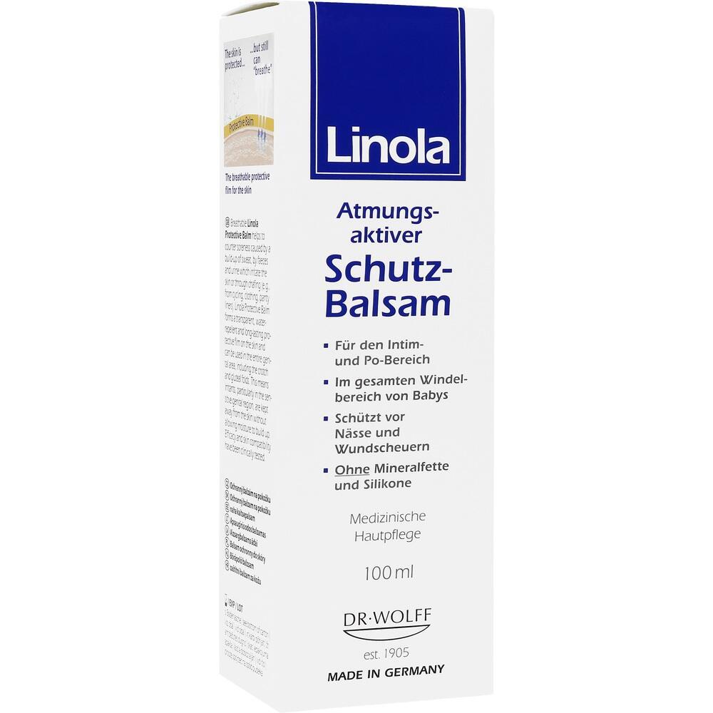 Weiße Verpackung mit blauem Schriftzug "Linola Schutz-Balsam" in 100 ml Größe.