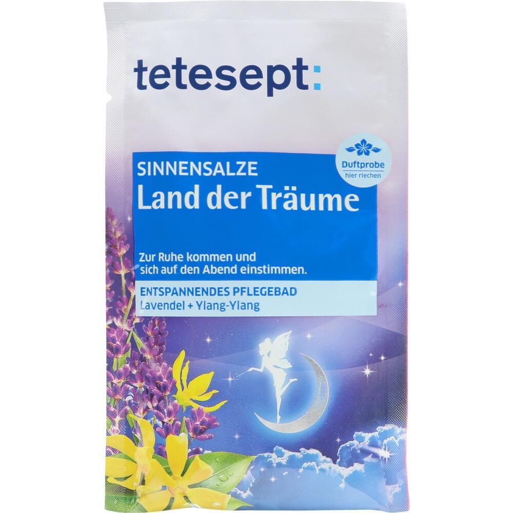 Eine Packung Badesalz mit dem Titel "Land der Tr&auml;ume" und Lavendel als Hauptduft.