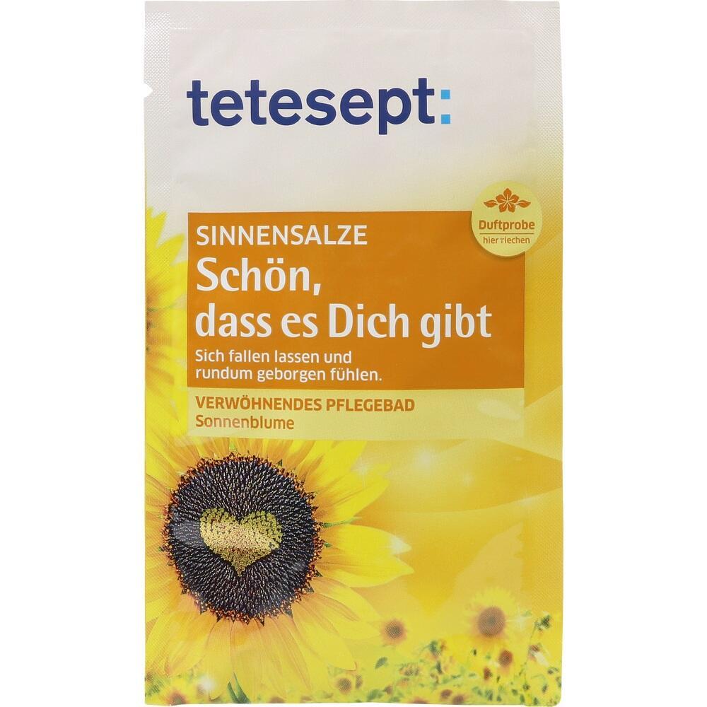 Verpackung f&uuml;r Badesalz mit Sonnenblumenmotiv und der Aufschrift "Sch&ouml;n, dass es Dich gibt".