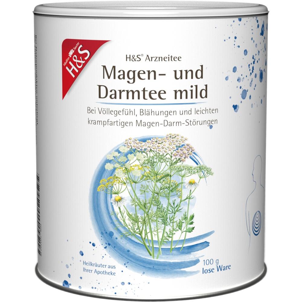 Dose mit H&S Magen- und Darmtee, dekoriert mit Kamillen- und Thymianblüten.