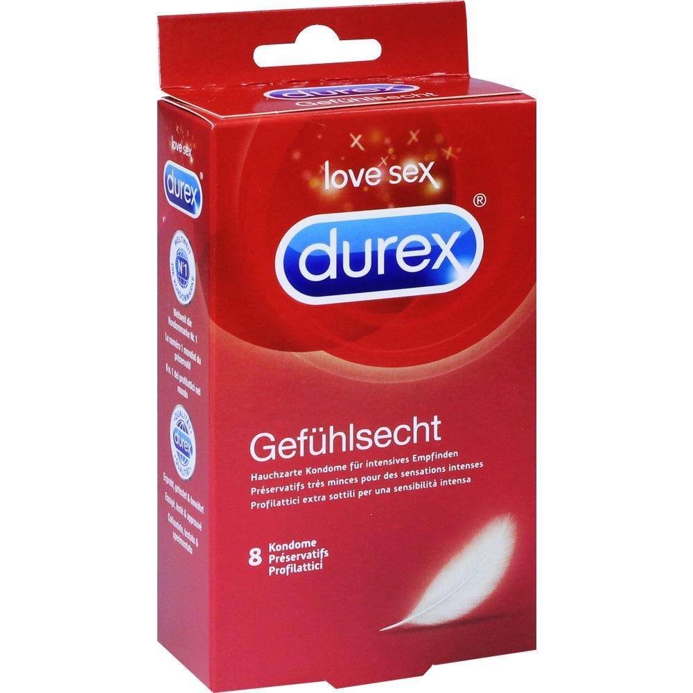 Rote Verpackung mit Durex Gefühls-echt Kondomen, vorne eine weiße Feder abgebildet.