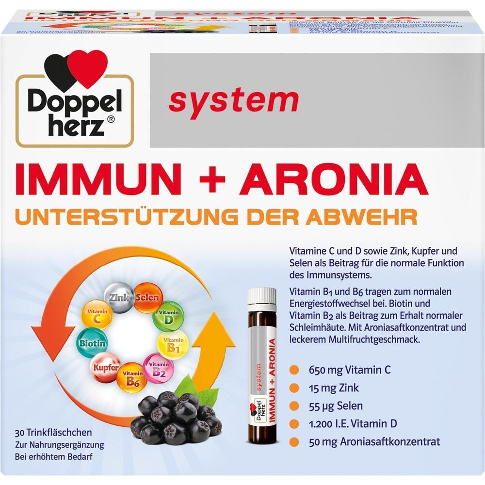 Eine Packung mit Immuntrinkampullen, die Vitamine und Aronia zur Abwehrunterstützung enthält.