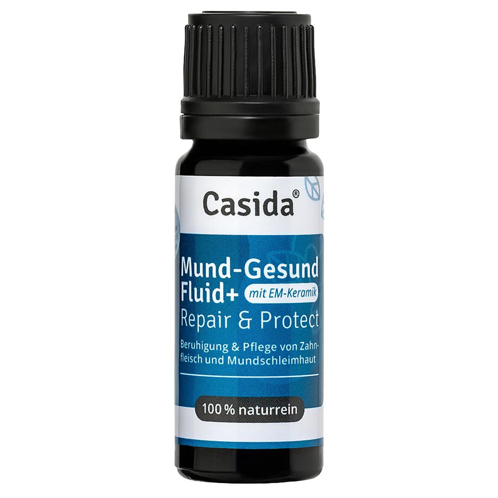 Schwarze Flasche mit der Aufschrift "Mund-Gesund Fluid+ Repair & Protect".