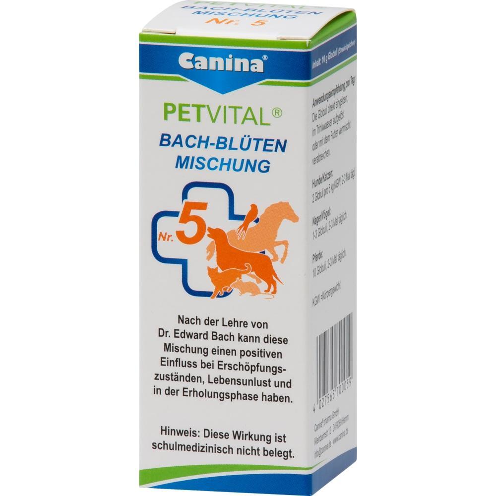 Wei&szlig;e Verpackung von Petvital Bach-Bl&uuml;ten Mischung f&uuml;r Tiere mit einem blauen Kreuz und Tiersilhouetten.
