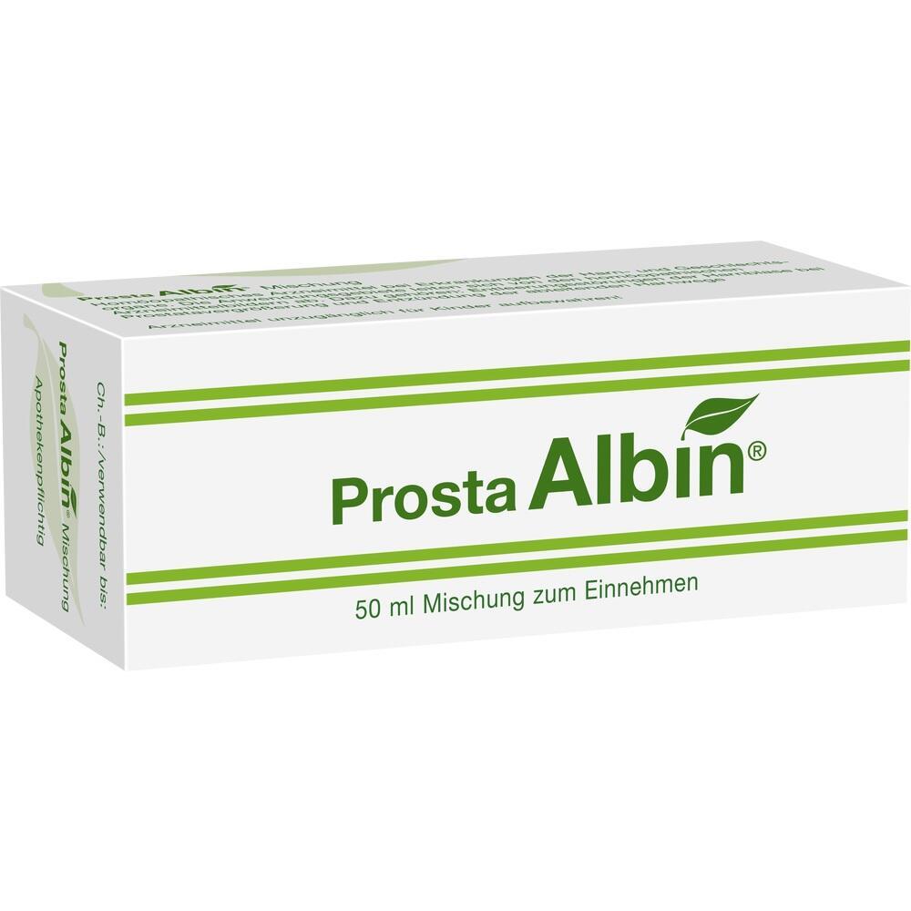 Wei&szlig;e Verpackung mit gr&uuml;nem Text und dem Logo "ProstaAlbin".