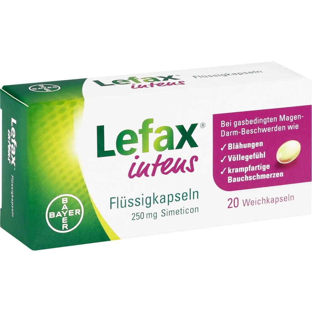 Packung Lefax intens Flüssigkapseln gegen Magen-Darm-Beschwerden.